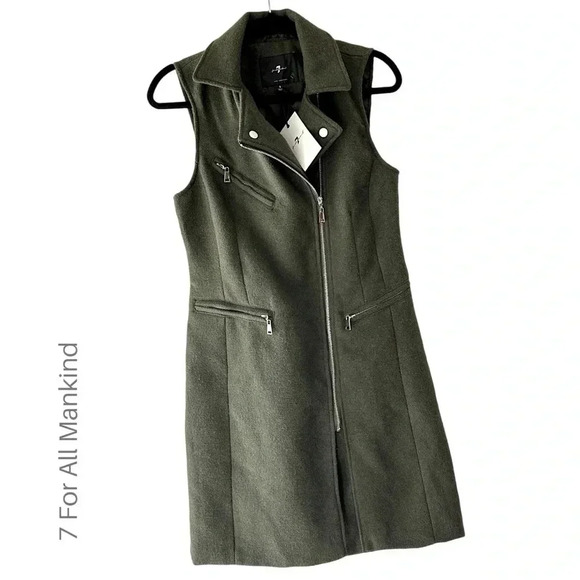NWT 7 FOR ALL MANKIND LONG ASYMMETRICAL ZIPPERED DARK GREEN VEST | SIZE: SMALL - Picture 1 of 11